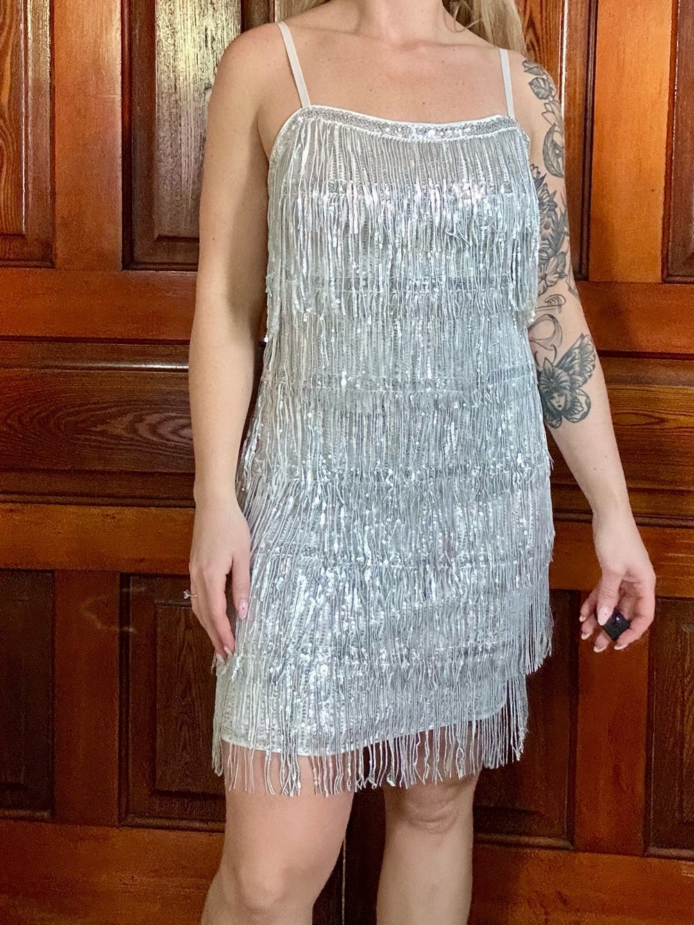 SHEIN Silver Sequin Fringe Midi Skirt